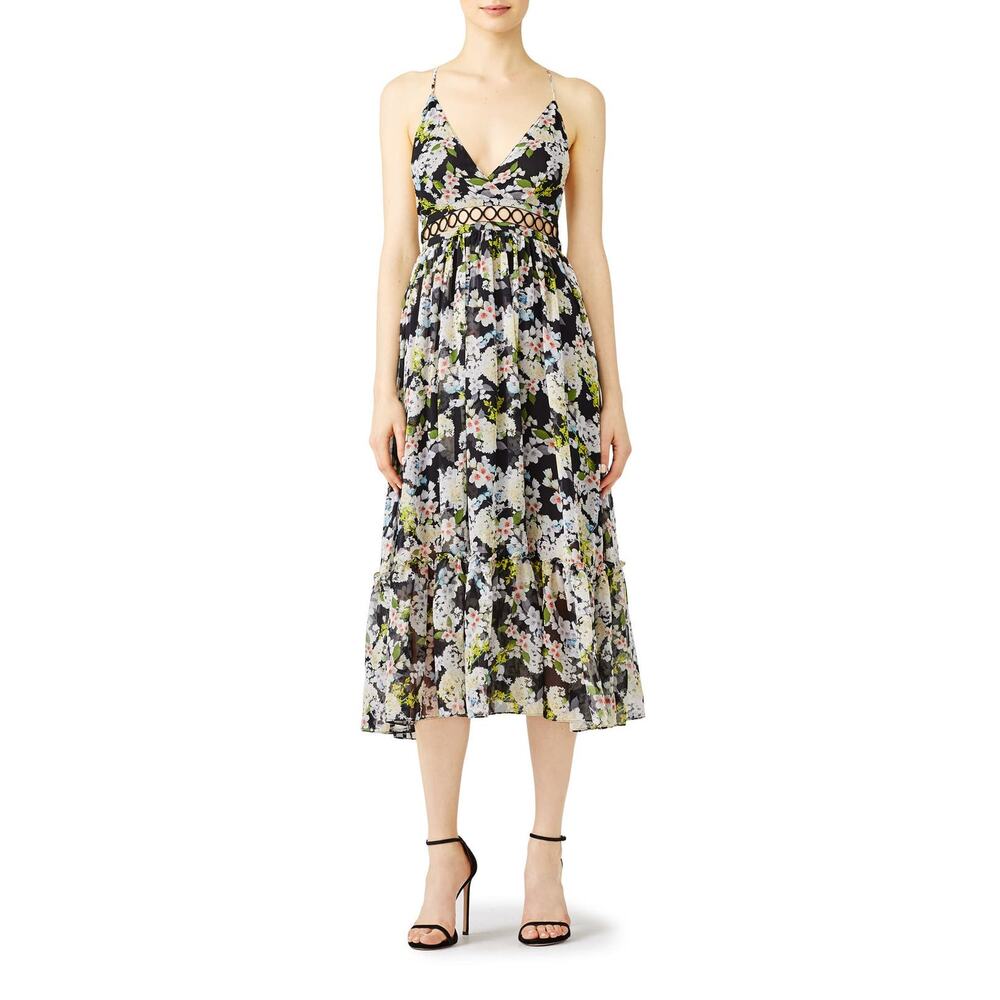 Marissa Webb Deanna Black Floral Print Silk Sleeveless V-Neck Midi Dress Size XS